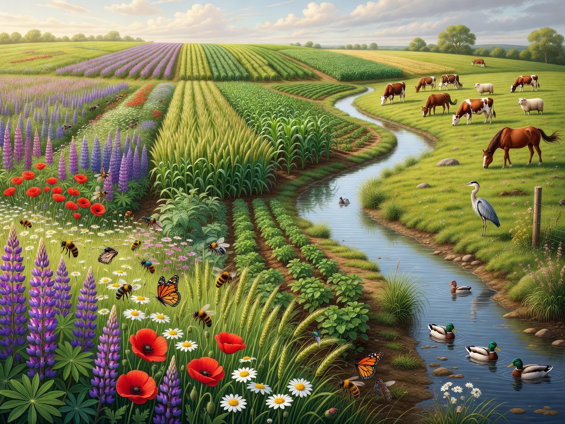 Illustrated farmland divided between flowering margins, crops, water and grazing areas