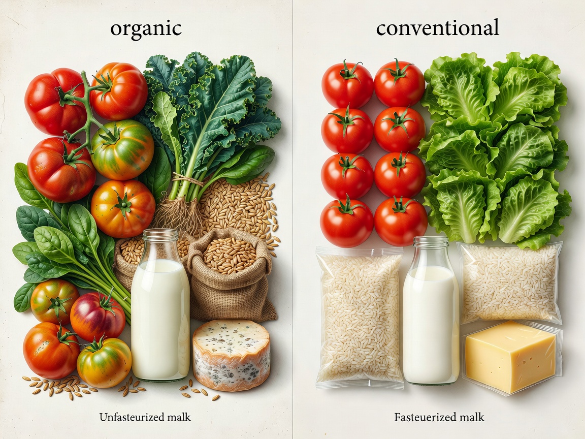 Illustrated plates of organic and conventional fruit, vegetables, grains and dairy for comparison