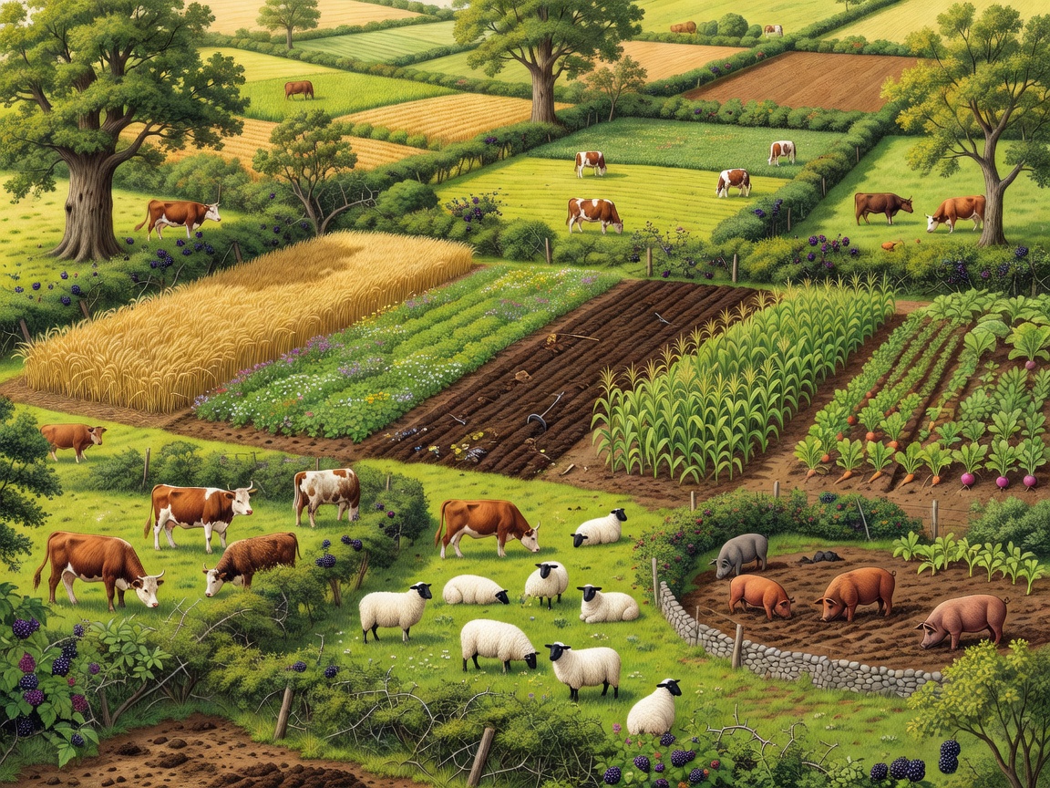 Illustrated patchwork farm showing crop rotation, hedgerows and grazing livestock
