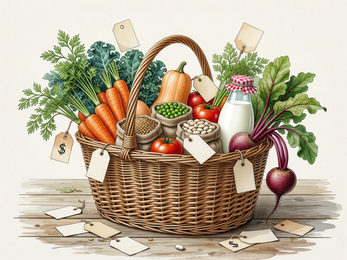 Illustrated shopping basket with seasonal vegetables, pulses, milk and price labels