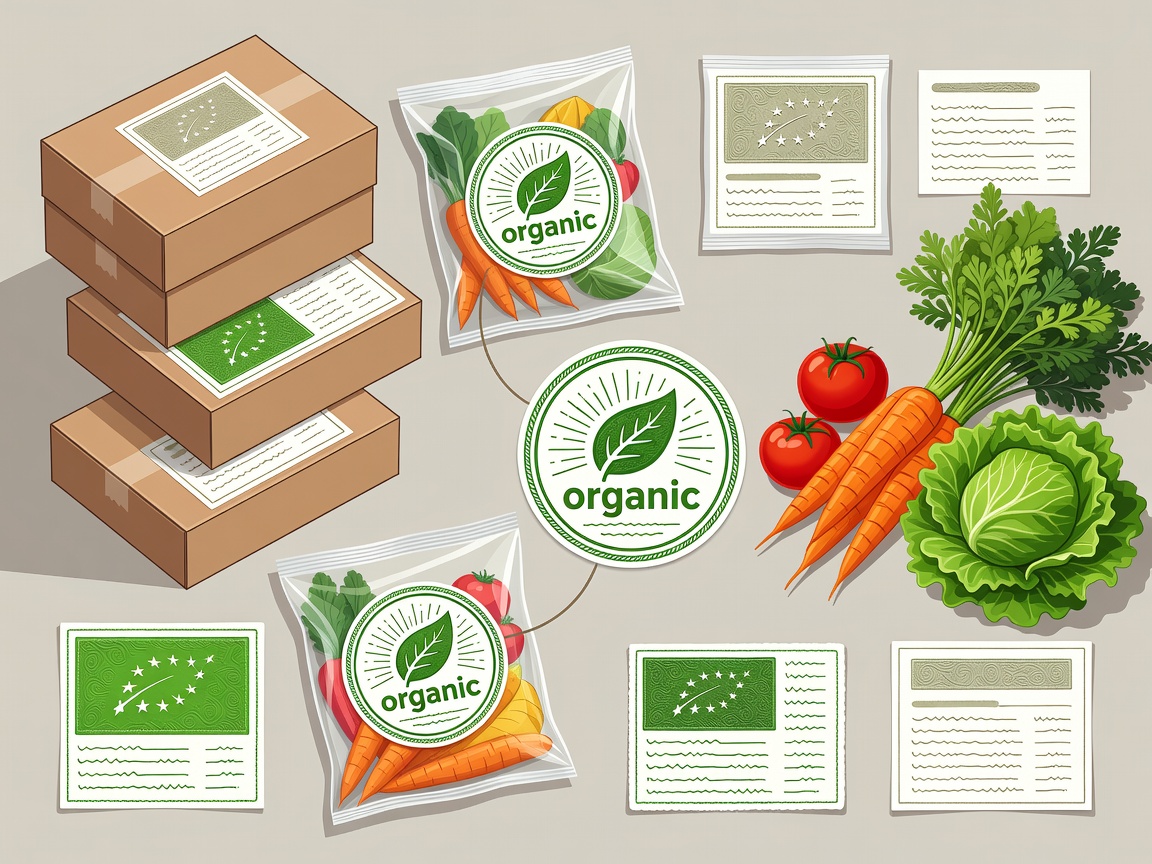 Illustrated food packages and loose vegetables with certification codes and ingredient labels highlighted