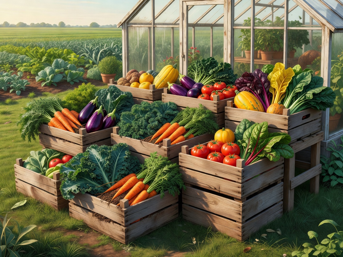 Illustrated crates of varied organic vegetables beside a field and greenhouse